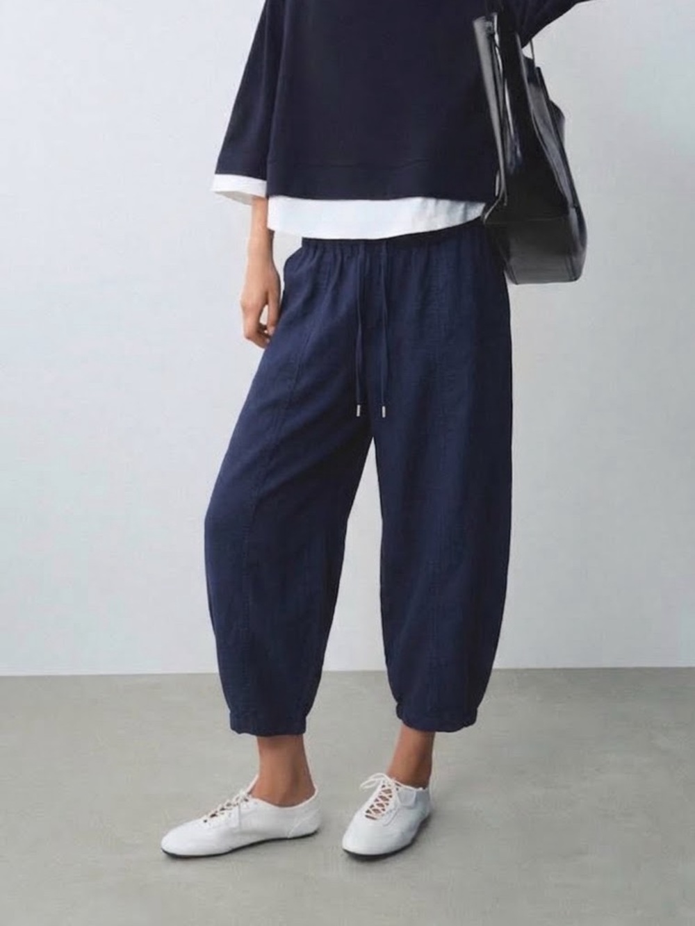 ZARA Linen Blend Balloon Fit Pants | Navy Blue | Size Medium